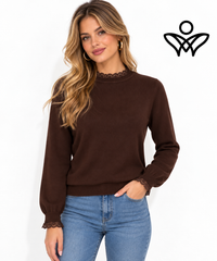 Jersey marrón chocolate de punto suave con puntilla en cuello y puños