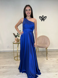 Vestido fiesta largo satinado asimétrico en azulón