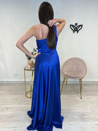 Vestido fiesta largo satinado asimétrico en azulón