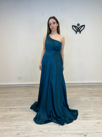 Vestido largo fiesta satinado asimétrico verde