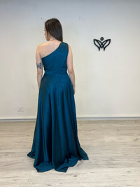 Vestido largo fiesta satinado asimétrico verde