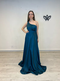 Vestido largo fiesta satinado asimétrico verde