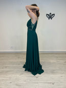 Vestido fiesta largo escote en la espalda verde