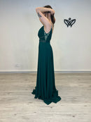 Vestido fiesta largo escote en la espalda verde