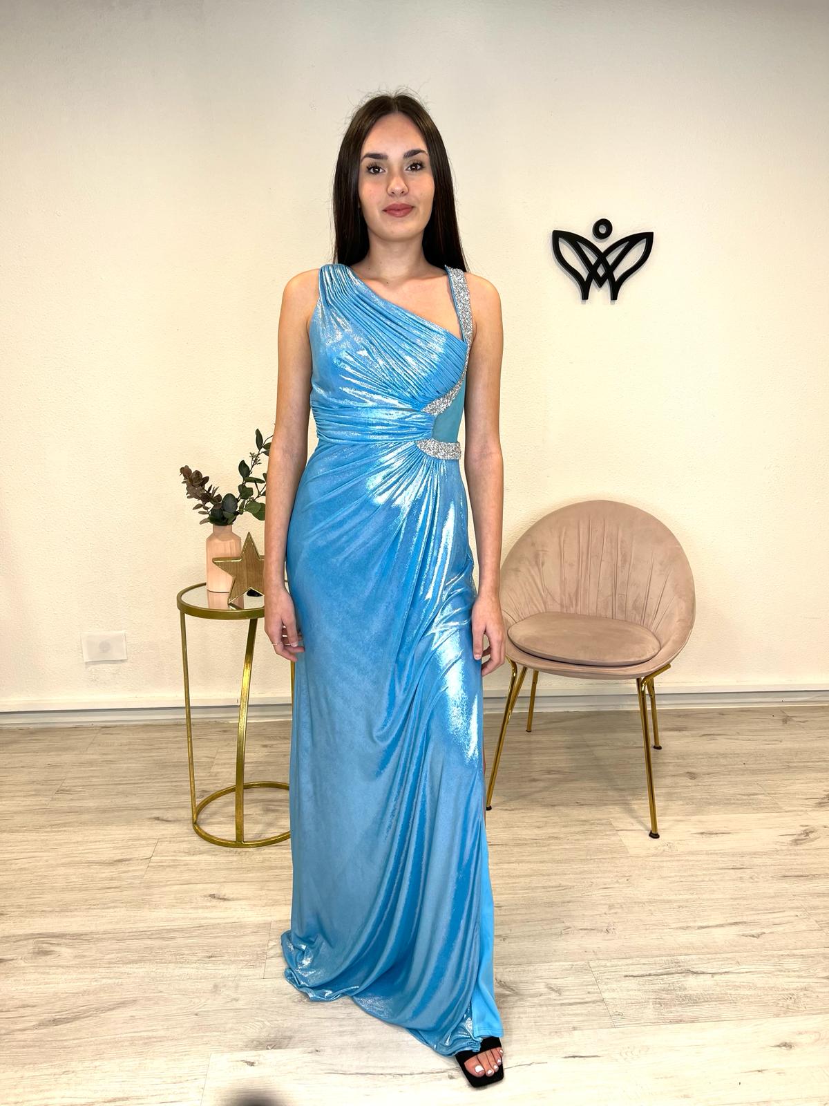 Vestido fiesta largo abertura y brillo plata azul