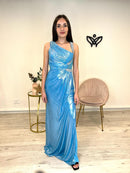 Vestido fiesta largo abertura y brillo plata azul
