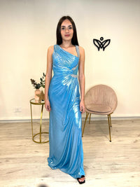 Vestido fiesta largo abertura y brillo plata azul