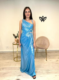 Vestido fiesta largo abertura y brillo plata azul