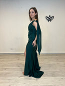 Vestido largo fiesta satinado abertura verde