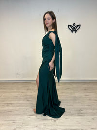 Vestido largo fiesta satinado abertura verde