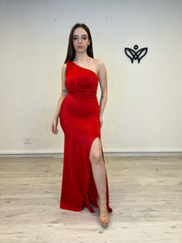 Vestido fiesta largo abertura asimétrico satinado en rojo