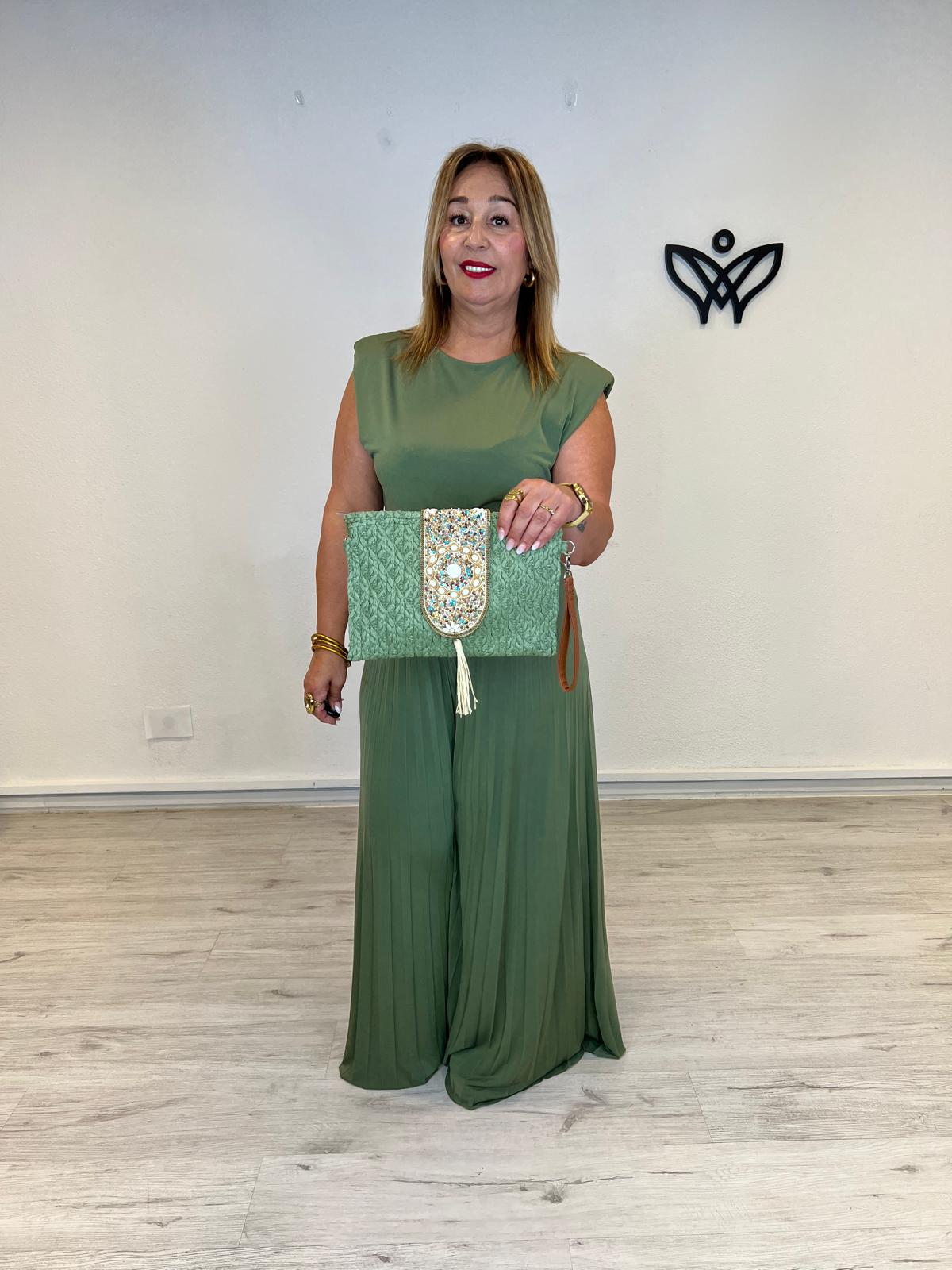 Bolso cartera mano rafia abalorios verde