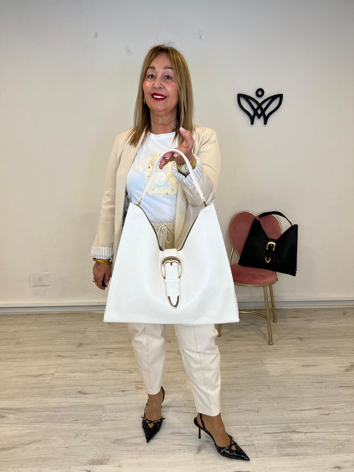 Bolso media luna hebilla dorada polipiel beige