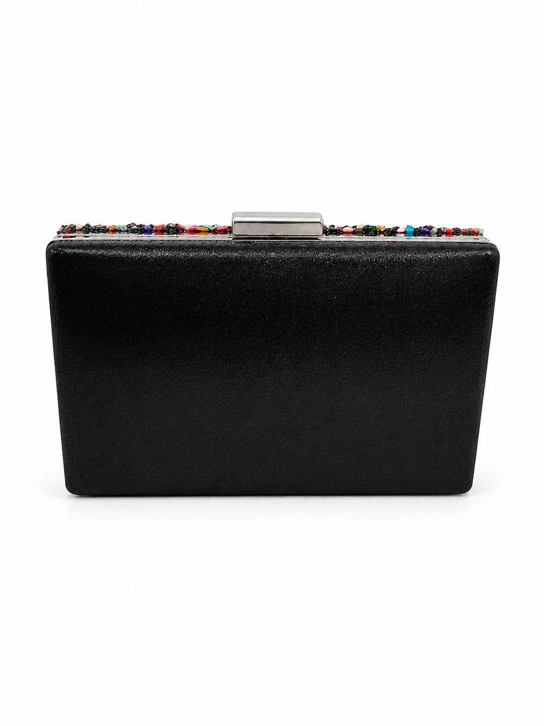 Bolso de fiesta rectangular negro con piedras multicolor