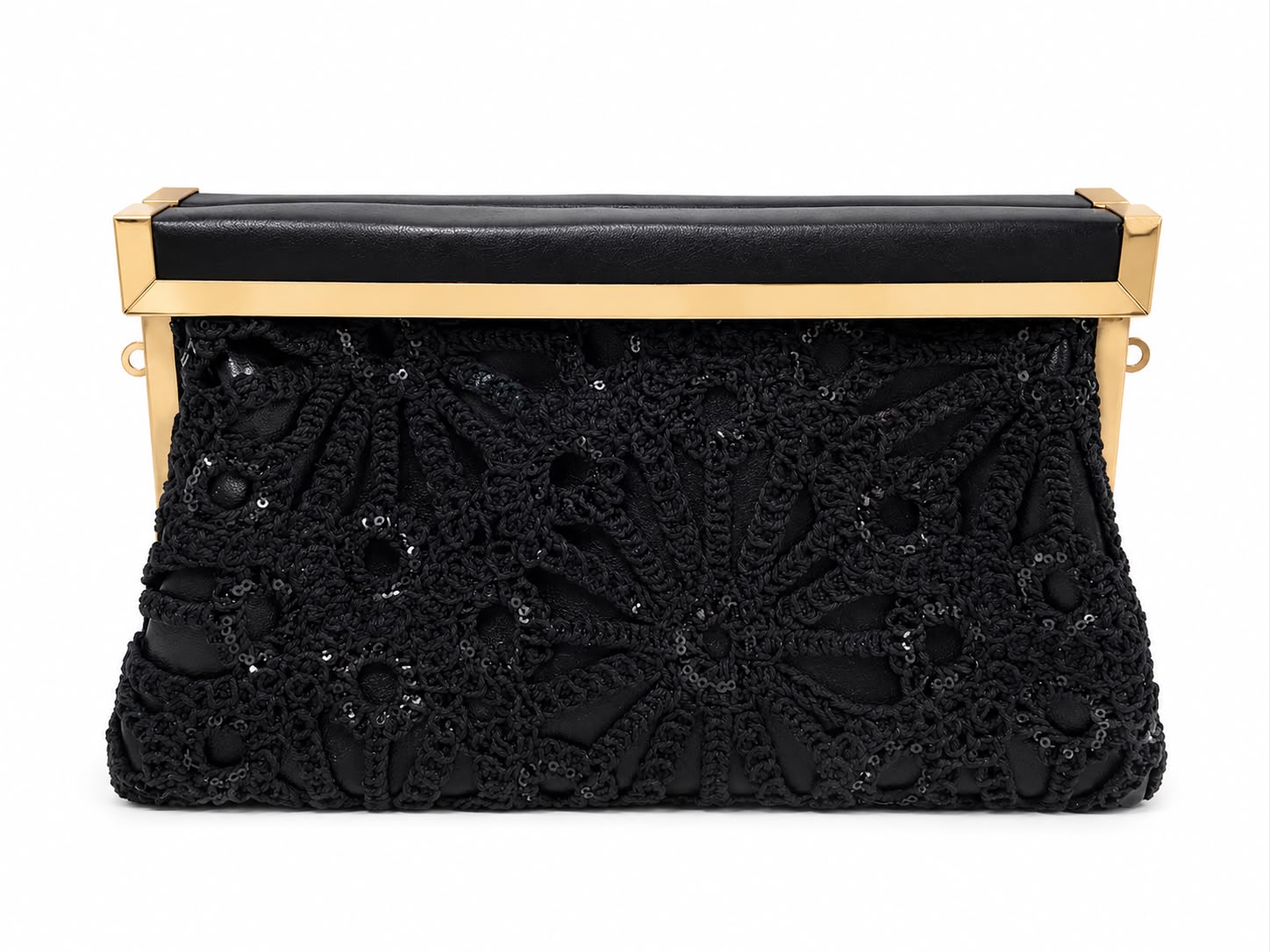 Bolso rectangular negro de ganchillo forrado cierre imán