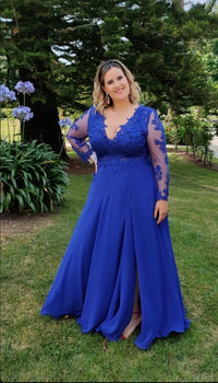 Vestido fiesta largo manga larga brillo escote pico talla curvy azulón