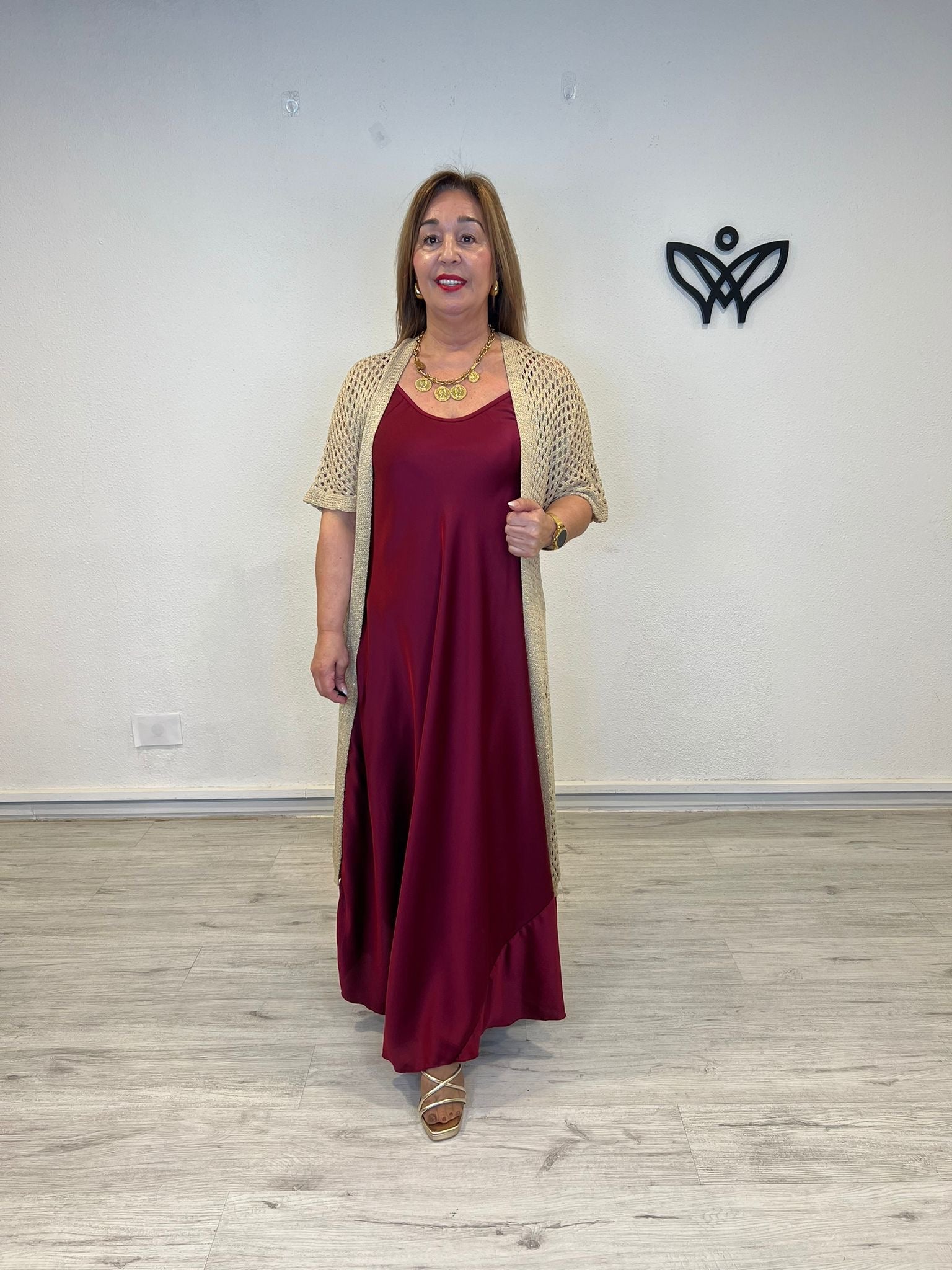 Kimono crochet dorado ligero largo fluido