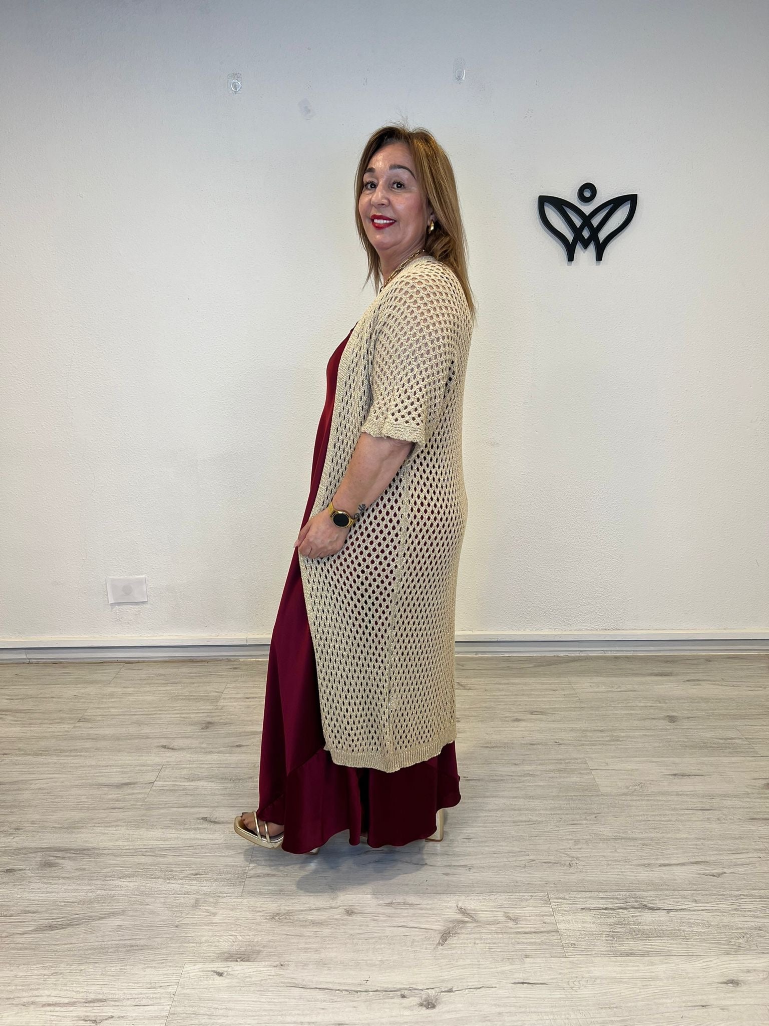 Kimono crochet dorado ligero largo fluido