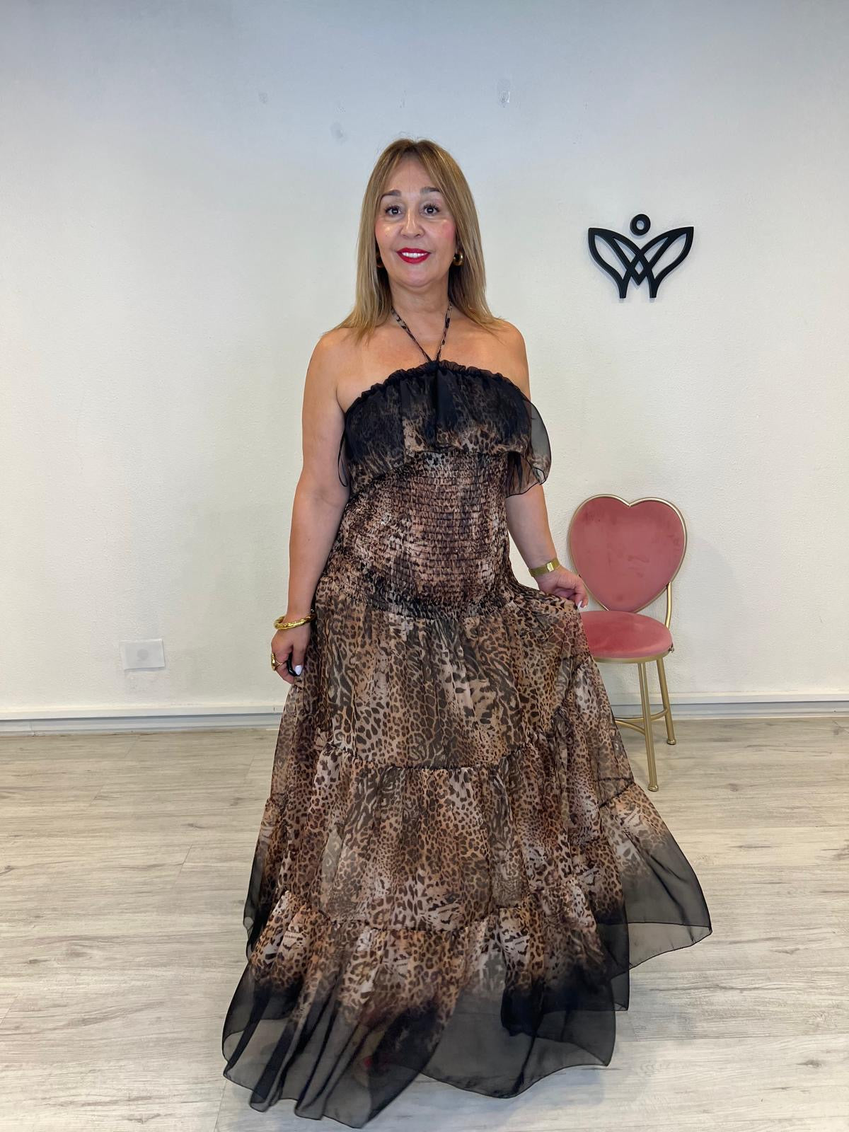 Vestido largo midi nido de abeja estampado leopardo marrón chocolate