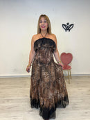 Vestido largo midi nido de abeja estampado leopardo marrón chocolate