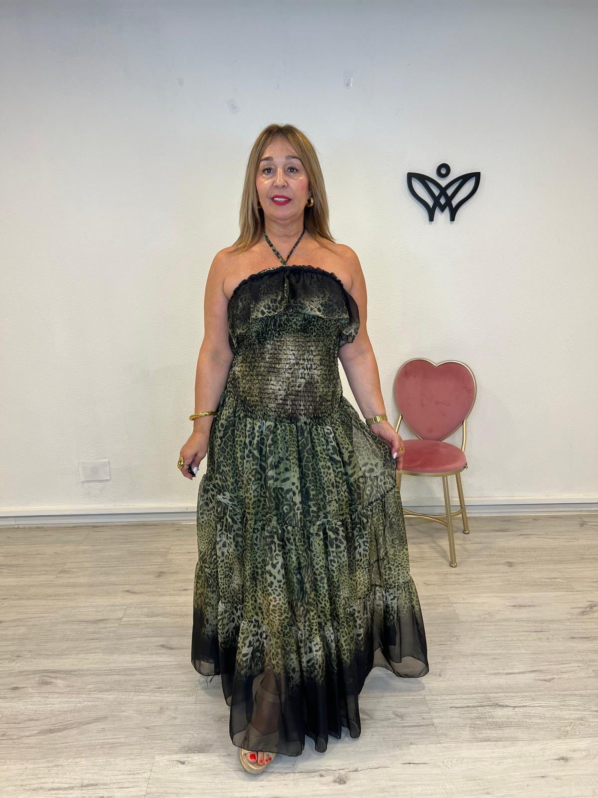 Vestido largo midi nido de abeja estampado leopardo verde