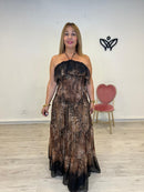 Vestido largo midi nido de abeja estampado leopardo marrón chocolate