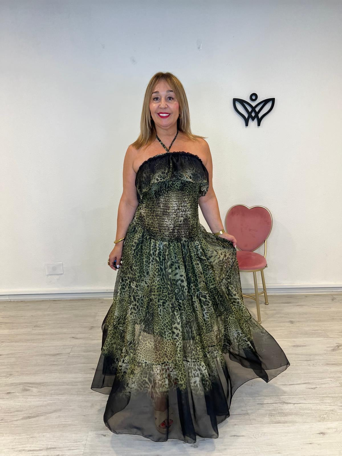 Vestido largo midi nido de abeja estampado leopardo verde