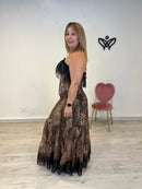 Vestido largo midi nido de abeja estampado leopardo marrón chocolate