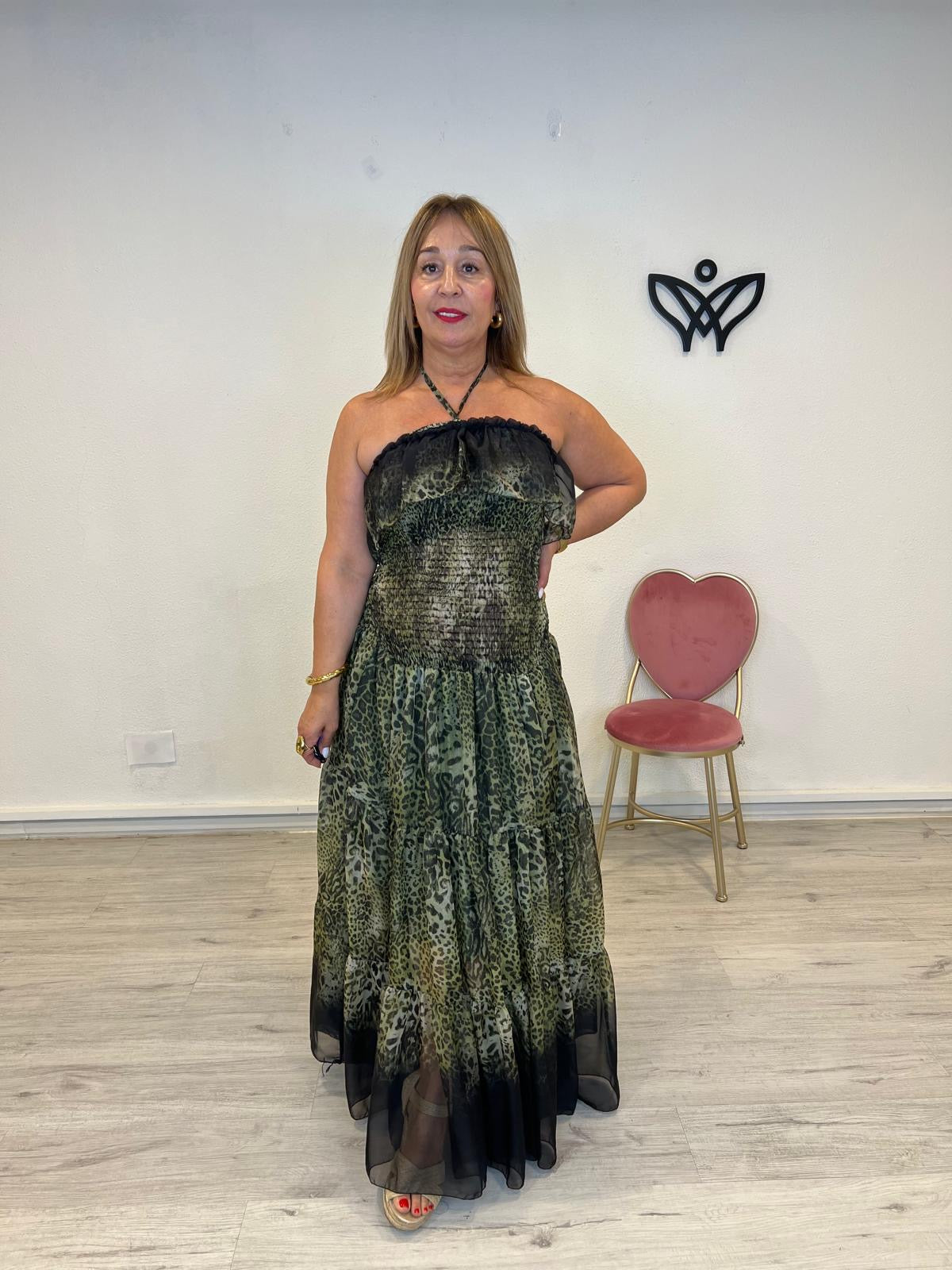 Vestido largo midi nido de abeja estampado leopardo verde