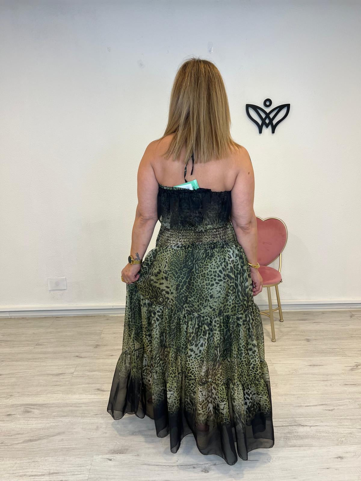 Vestido largo midi nido de abeja estampado leopardo verde