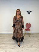 Vestido largo midi escote en pico estampado leopardo marrón