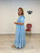 Vestido largo tejido vaquero nido de abeja en el pecho azul