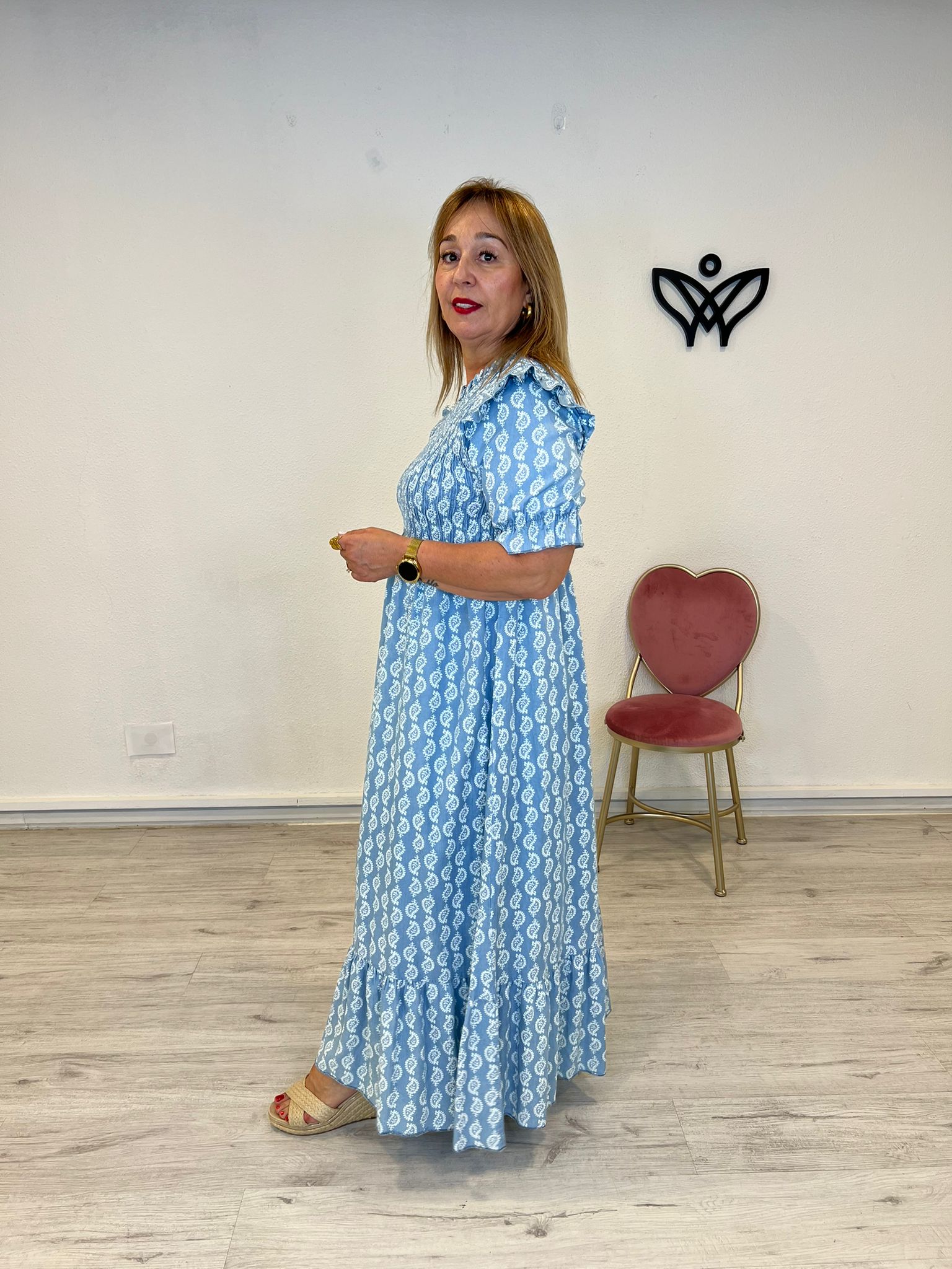 Vestido largo tejido vaquero nido de abeja en el pecho azul