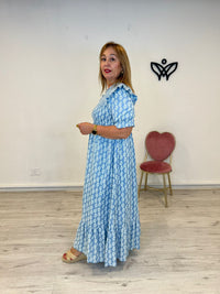 Vestido largo tejido vaquero nido de abeja en el pecho azul