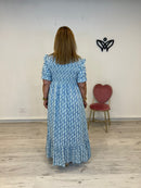 Vestido largo tejido vaquero nido de abeja en el pecho azul