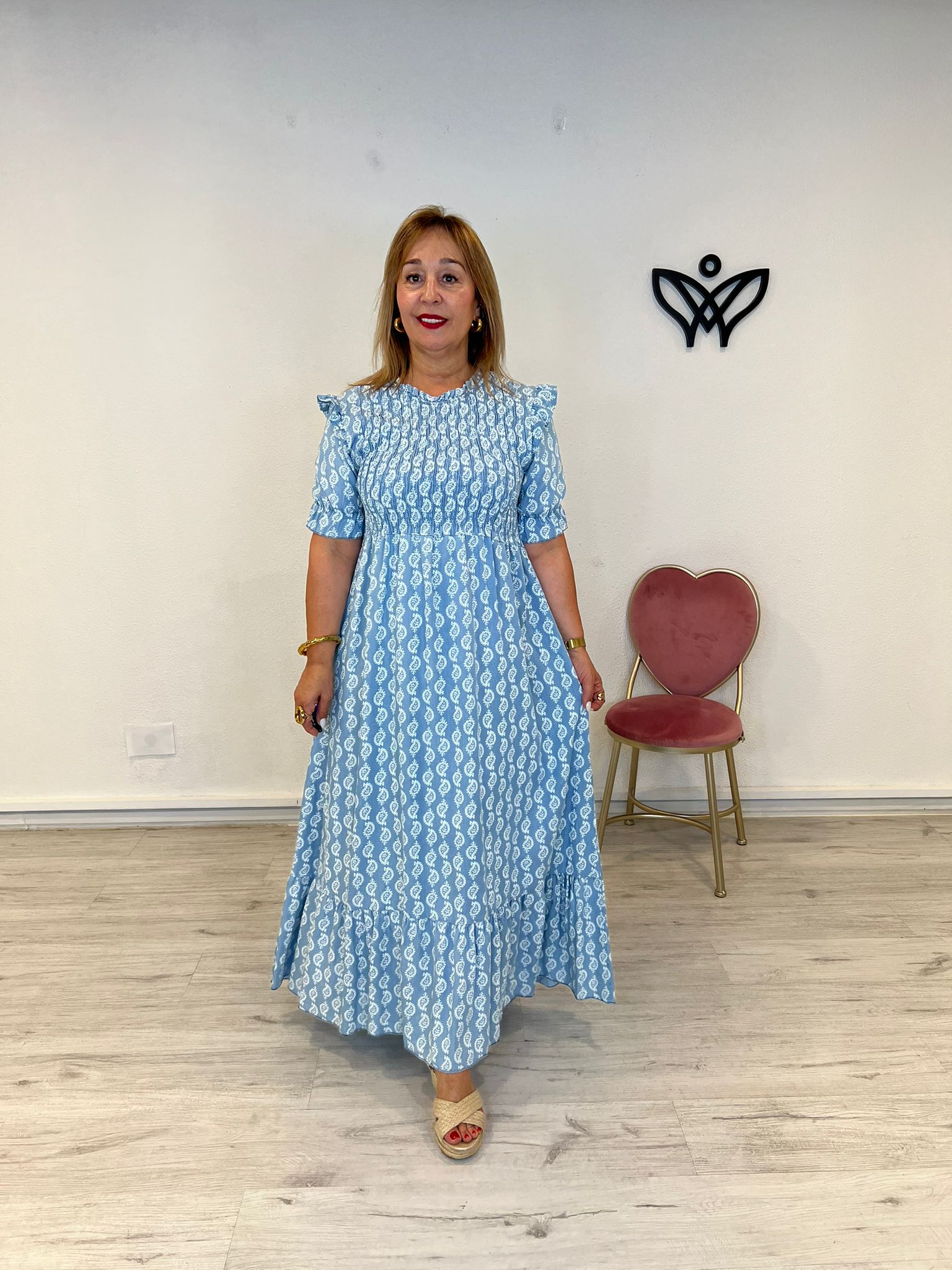 Vestido largo tejido vaquero nido de abeja en el pecho azul