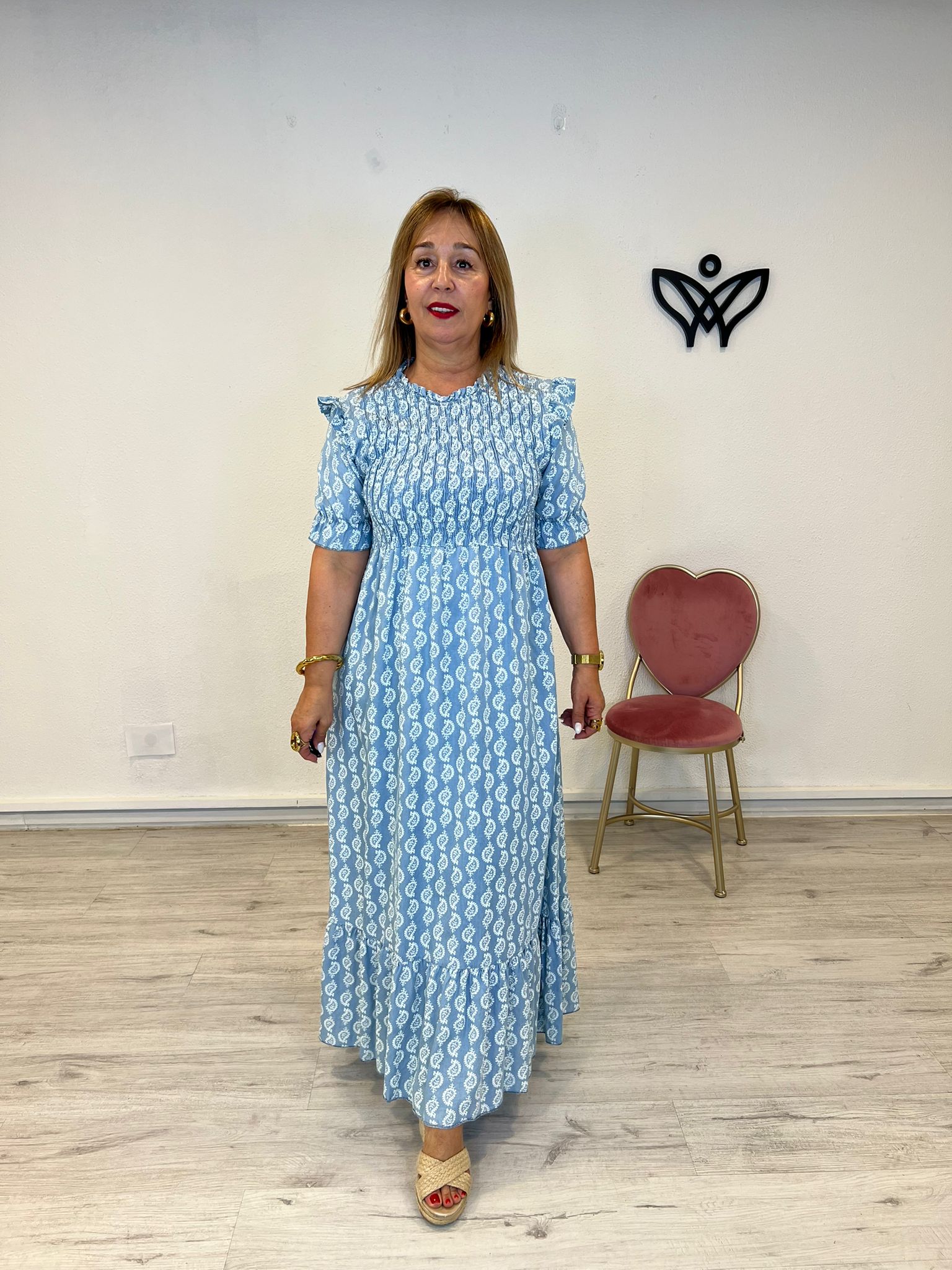 Vestido largo tejido vaquero nido de abeja en el pecho azul