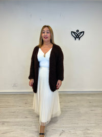 chaqueta cárdigan larga de punto que no pica marrón chocolate