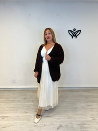 chaqueta cárdigan larga de punto que no pica marrón chocolate