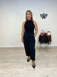 Pantalón elástico de corte recto goma en la cintura y bolsillos negro