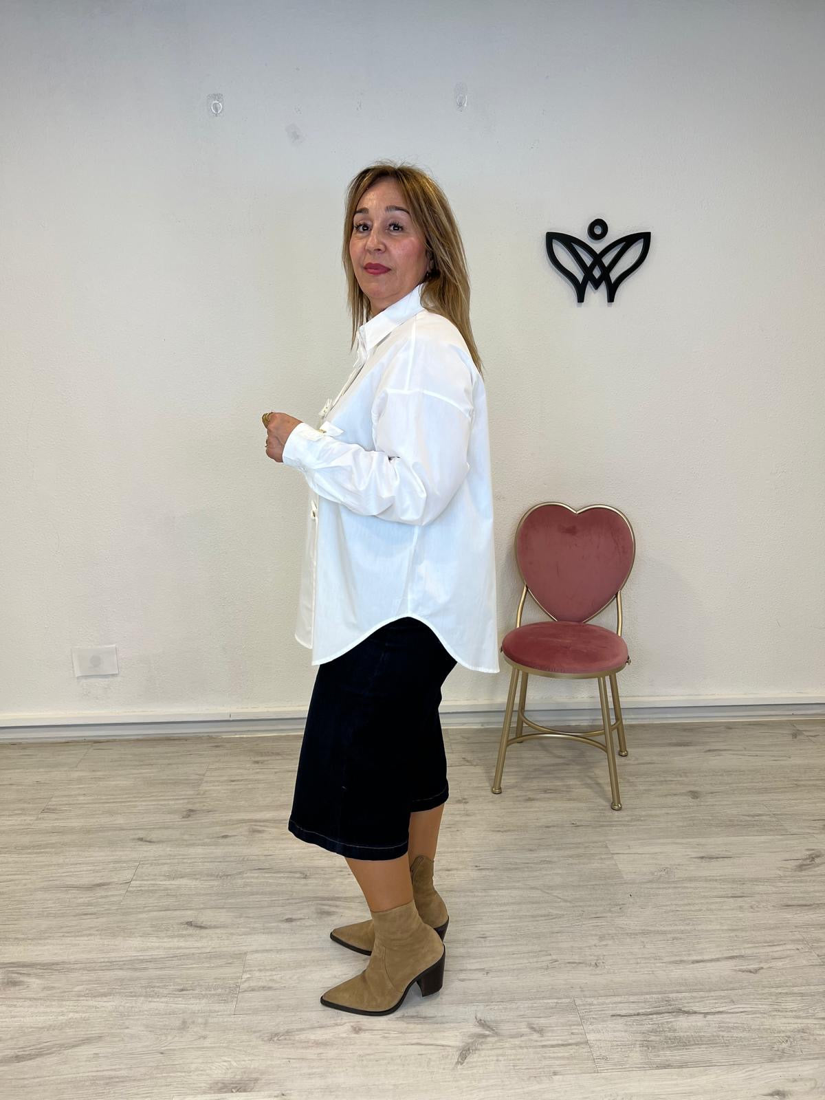 Camisa algodón cuello camisero detalle lazos blanca