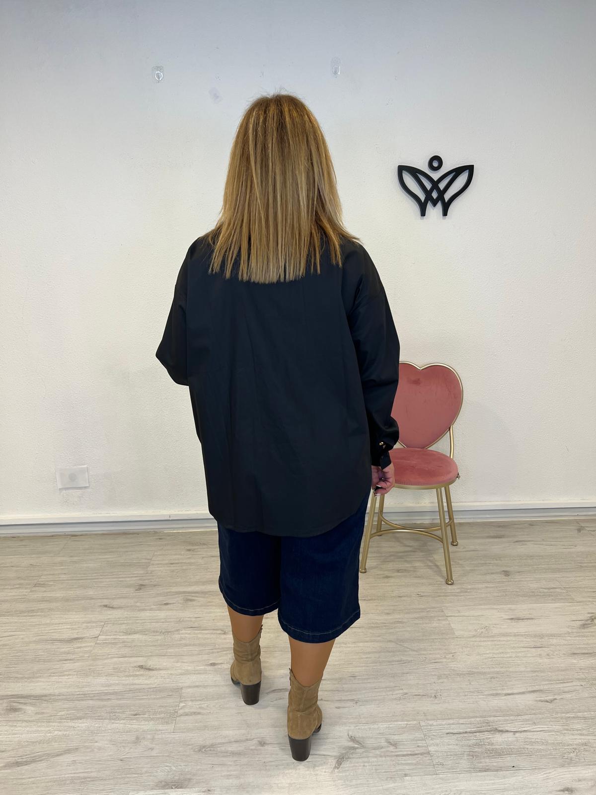 Camisa algodón cuello camisero detalle lazos negra