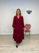 Vestido largo escote en pico de gasa burdeos