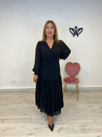 Vestido largo escote en pico de gasa negro