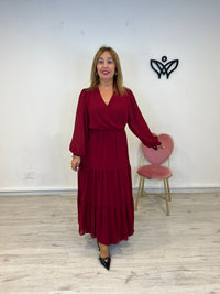 Vestido largo escote en pico de gasa burdeos