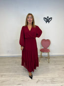 Vestido largo escote en pico de gasa burdeos