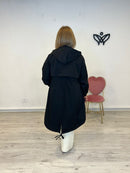 Trench larga gabardina con capucha cierre cremallera negra
