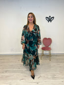 Vestido largo midi escote en pico estampado verde