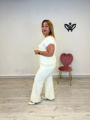 Conjunto de punto jersey pantalón recto con goma en la cintura beis