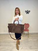 Bolso de ante con flecos rectangular con asas cortas y larga marrón